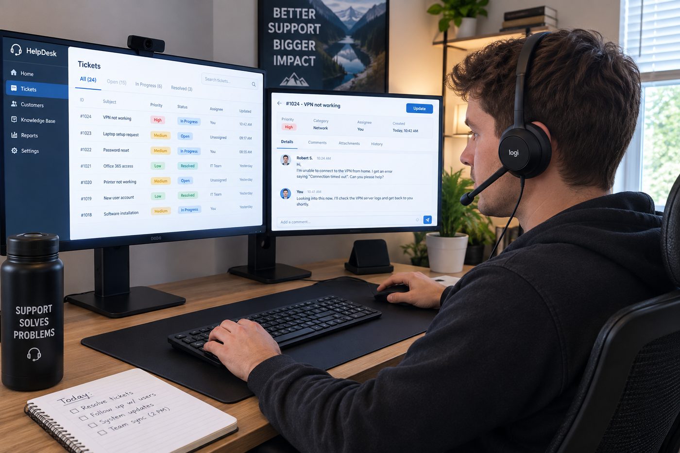 A technician working through a helpdesk ticket queue at a desk